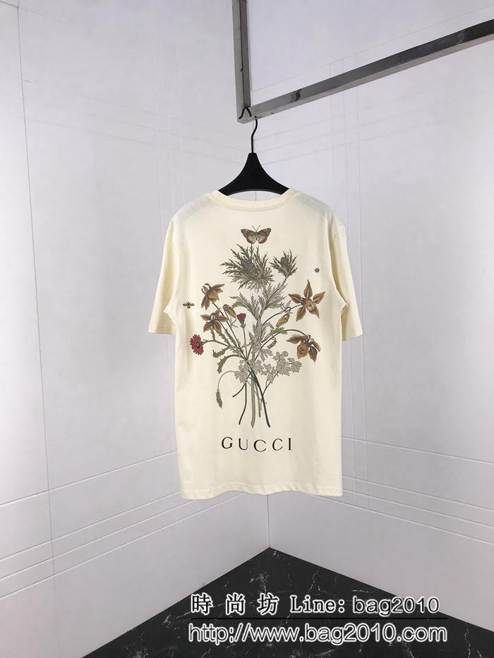 GUCCI古馳 19ss春季新款 人物吹嗩呐 後背花朵印花圖案 純棉汗布短袖 男女同款 ydi1736